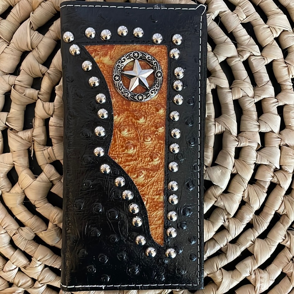 Western Style Leather Ostrich Embossed Wallet With Removable Checkbook Cover